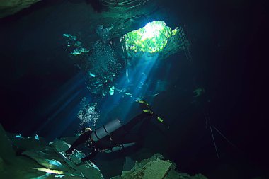 Cenotes 'a dalış, Meksika' ya, tehlikeli mağaralara Yucatan 'a dalış, karanlık mağaralara sualtı manzarası.