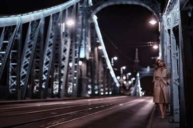 Paltolu kız, bahar bakışı, Budapeşte 'de gece yürüyüşü zincir köprü manzarası
