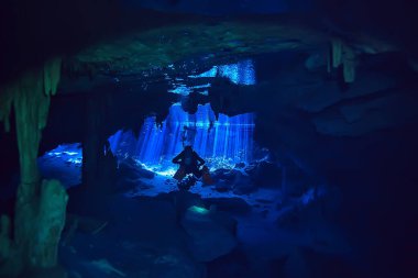 Cenotes 'a dalış, Meksika' ya, tehlikeli mağaralara Yucatan 'a dalış, karanlık mağaralara sualtı manzarası.