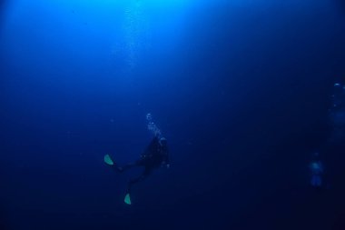 Sualtı dalgıcı olağandışı manzara, konsept derinlik, denize dalma