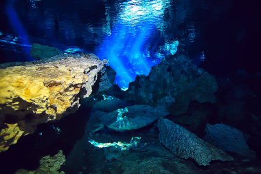 Su altı mağarası sarkıtları, mağara dalışı, Yucatan Meksika, deniz altı manzarası.