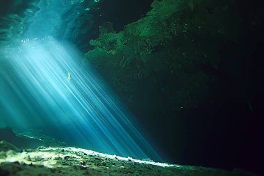 Suyun altındaki ışık huzmeleri, soyut deniz arka plan doğa ışınları bulanıklaşır