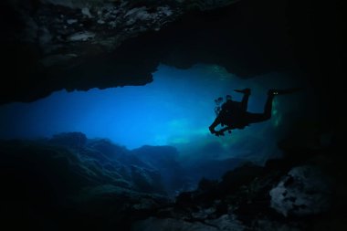 Cenotes 'a dalış, Meksika' ya, tehlikeli mağaralara Yucatan 'a dalış, karanlık mağaralara sualtı manzarası.