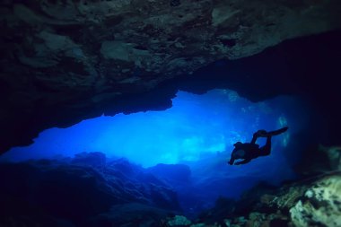 Cenotes 'a dalış, Meksika' ya, tehlikeli mağaralara Yucatan 'a dalış, karanlık mağaralara sualtı manzarası.