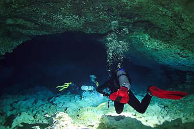 Cenotes 'a dalış, Meksika' ya, tehlikeli mağaralara Yucatan 'a dalış, karanlık mağaralara sualtı manzarası.