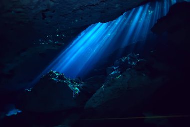 Meksika sualtı manzarası, suyun altında dalış ışınları, mağara dalışı