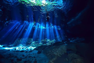 Meksika sualtı manzarası, suyun altında dalış ışınları, mağara dalışı