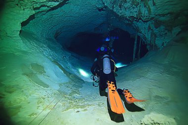 Cenotes 'a dalış, Meksika' ya, tehlikeli mağaralara Yucatan 'a dalış, karanlık mağaralara sualtı manzarası.