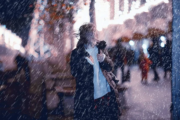 Christmas Rain Woman Young Girl Model Coat Christmas Night — Stock Photo, Image