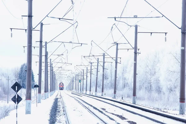 Winter Railway Landscape View Rails Wires Railway Winter Delivery Way — Stock Photo, Image