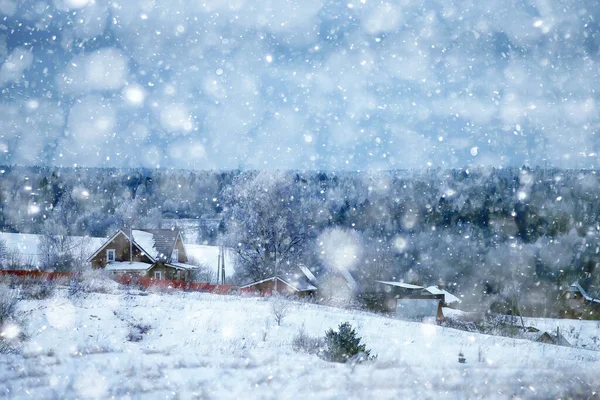 Russisch Dorp Winter Landschap Januari Sneeuwval Dorpshuizen — Stockfoto