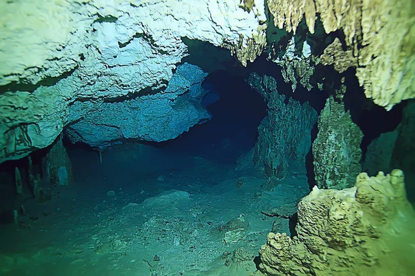 underwater cave stalactites landscape, cave diving, yucatan mexico, view in cenote under water