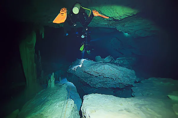 Underwater World Cave Yucatan Cenote Dark Landscape Stalactites Underground Diver — Stock Photo, Image