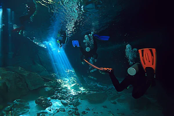 cave diving, diver underwater, dark cave, cavern landscape