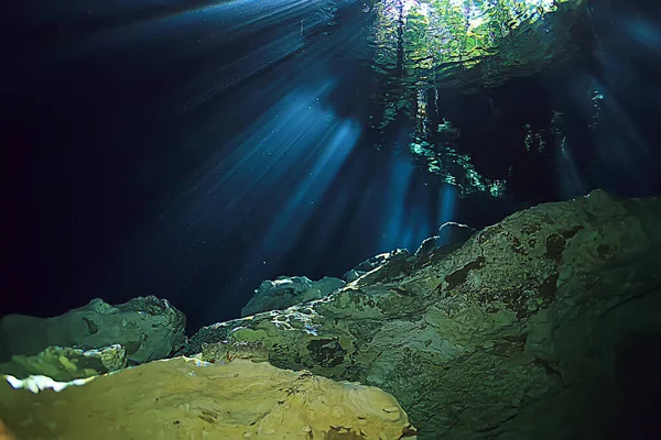 underwater landscape mexico, cenotes diving rays of light under water, cave diving background