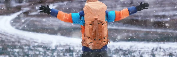 tourist winter landscape snow, guy winter view, travel adventure freedom