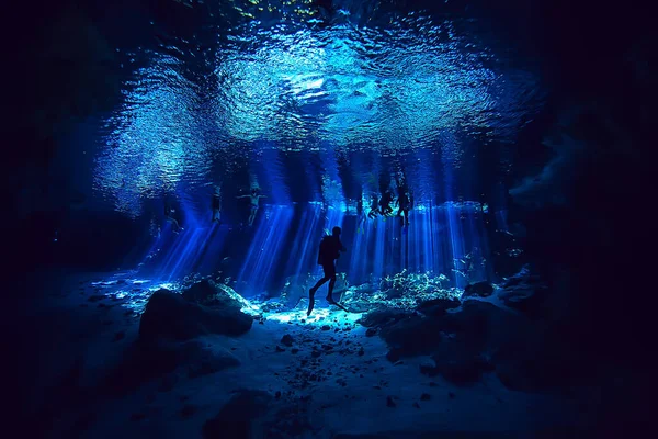 Underwater World Cave Yucatan Cenote Dark Landscape Stalactites Underground Diver — Stock Photo, Image