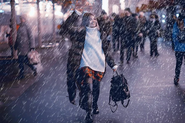 Christmas Rain Woman Young Girl Model Coat Christmas Night — Stock Photo, Image