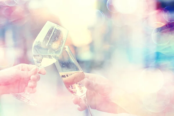 Glasses Toast Chin Chin Hands Glasses White Wine Street Cafe — Stock Photo, Image