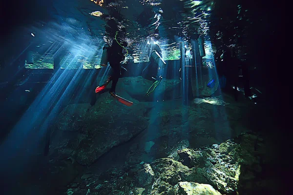 Cave Diving Diver Underwater Dark Cave Cavern Landscape — Stock Photo, Image