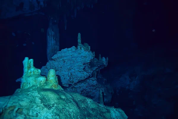 underwater cave stalactites landscape, cave diving, yucatan mexico, view in cenote under water