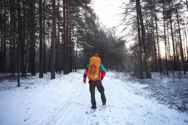 tourist winter landscape snow, guy winter view, travel adventure freedom