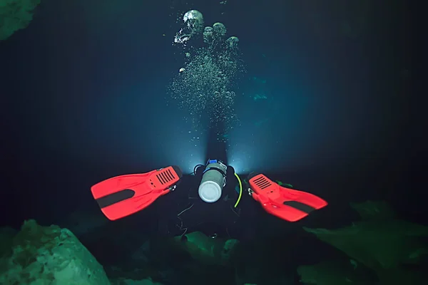 diving in the cenotes, mexico, dangerous caves diving on the yucatan, dark cavern landscape underwater