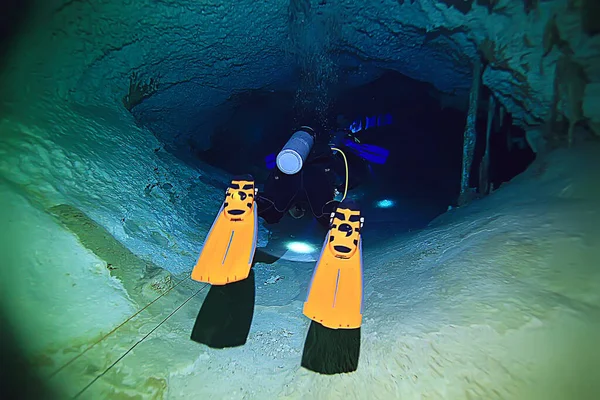 Underwater World Cave Yucatan Cenote Dark Landscape Stalactites Underground Diver — Stock Photo, Image