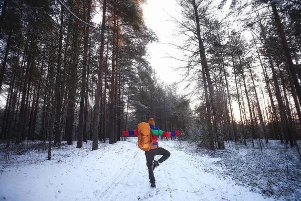 Hombre Viajero Con Una Mochila Bosque Vista Invierno Bosque Americano —  Fotos de Stock