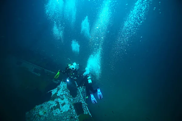 Naufragio Buceo Paisaje Bajo Agua Barco Viejo Parte Inferior Búsqueda —  Fotos de Stock