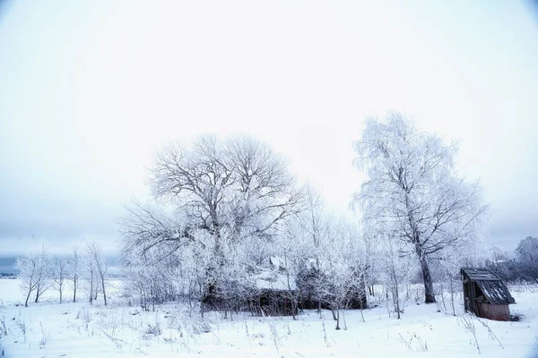 Ryska Byn Vintern Landskap Januari Snöfall Hus — Stockfoto