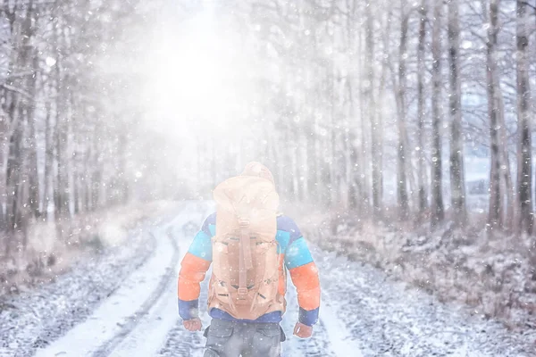 Homem Viajante Com Uma Mochila Floresta Vista Inverno Floresta Americana — Fotografia de Stock