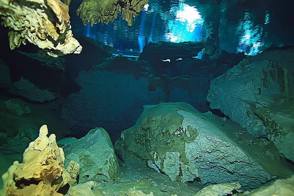 underwater cave stalactites landscape, cave diving, yucatan mexico, view in cenote under water