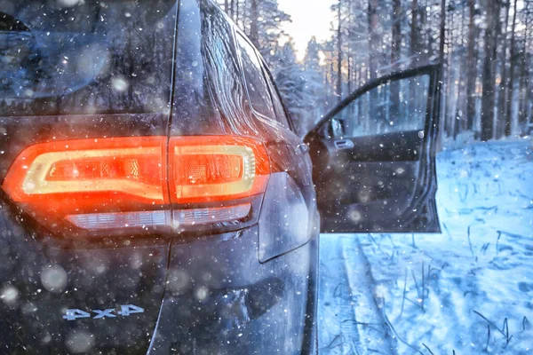 Suv Floresta Inverno Carro Uma Estrada Floresta Paisagem Sazonal Neve — Fotografia de Stock