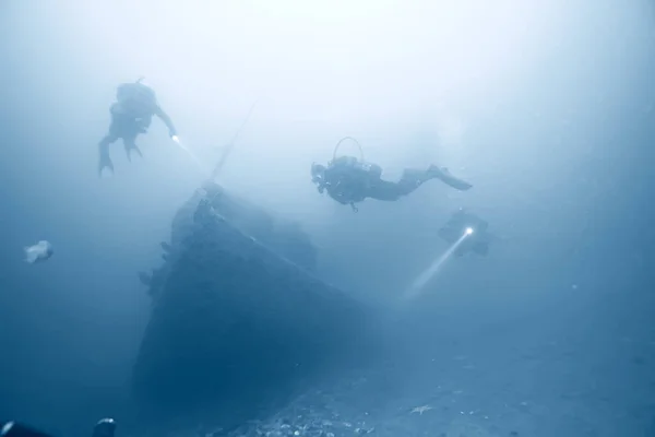 Naufragio Buceo Paisaje Bajo Agua Barco Viejo Parte Inferior Búsqueda —  Fotos de Stock