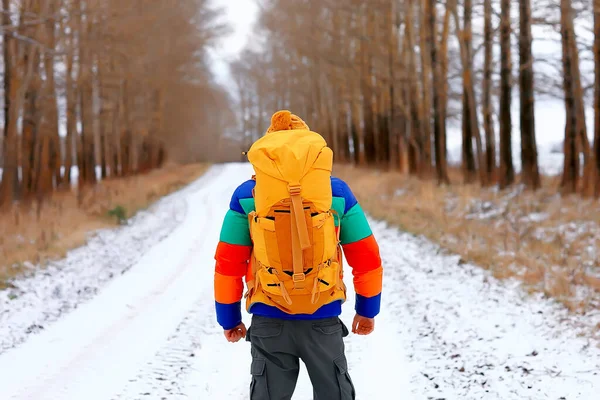 tourist winter landscape snow, guy winter view, travel adventure freedom