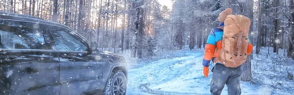 SUV forest winter, car on a forest road, landscape seasonal snow forest view