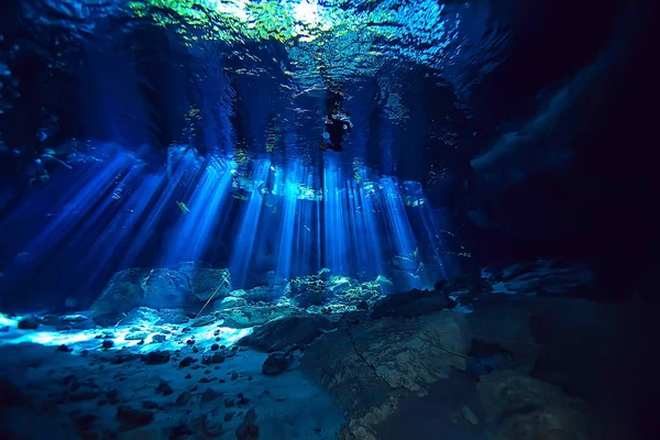 underwater landscape mexico, cenotes diving rays of light under water, cave diving background