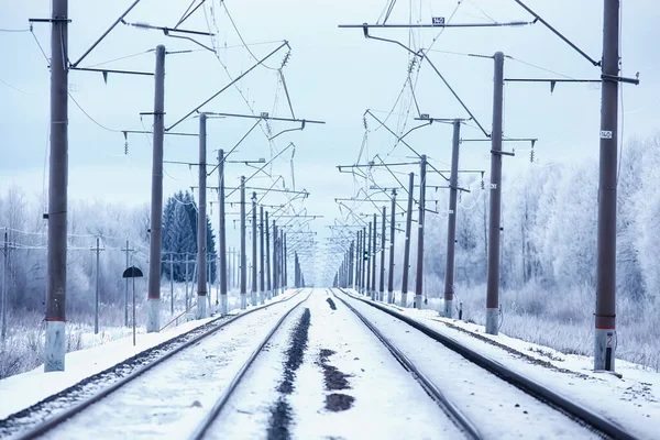 Winter Railway Landscape View Rails Wires Railway Winter Delivery Way — Stock Photo, Image