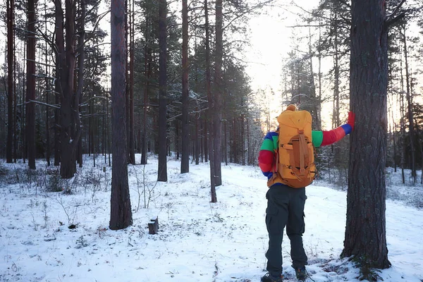 tourist winter landscape snow, guy winter view, travel adventure freedom