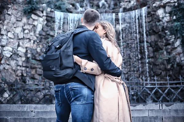 Spring Walk Guy Girl Back View Couple Walks City Seasonal — Stock Photo, Image