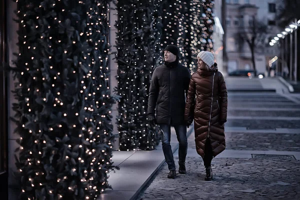 Lovers Couple New Year Street Walking Winter Night City — Stock Photo, Image