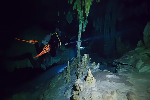 Underwater World Cave Yucatan Cenote Dark Landscape Stalactites Underground Diver — Stock Photo, Image