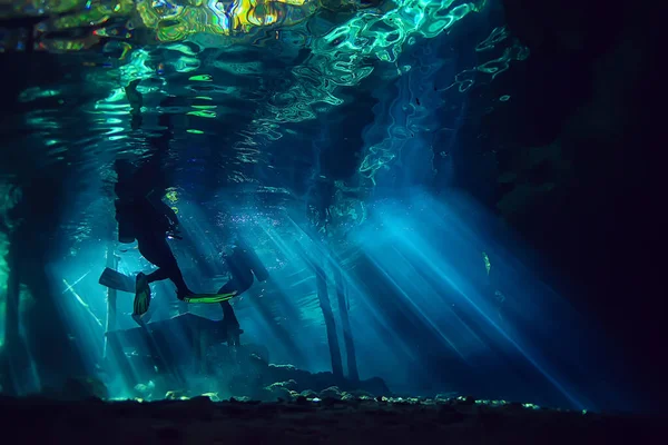 cave diving, diver underwater, dark cave, cavern landscape