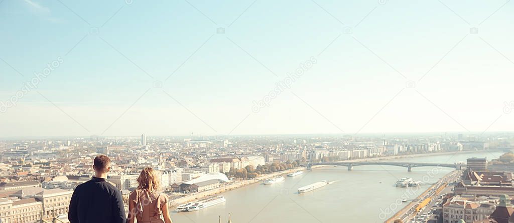 lovers boy and girl view of budapest panorama, gellert hill in budapest, hungary