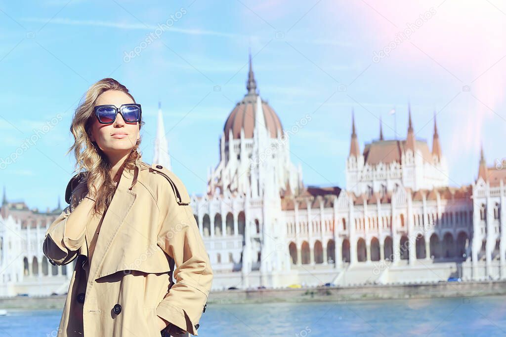 Budapest summer girl, panoramic view of the capital of Hungary, Danube bridge, Gelert hill