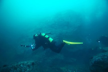 Dalgıç yüzgeçleri su altından, sualtı görüntüsü tüple dalış yapan bir insanın sırtı.