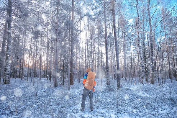 tourist winter landscape snow, guy winter view, travel adventure freedom