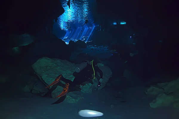 cave diving, diver underwater, dark cave, cavern landscape