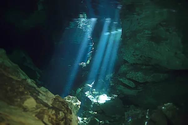 Paisagem Subaquática México Cenotes Raios Mergulho Luz Sob Água Fundo — Fotografia de Stock